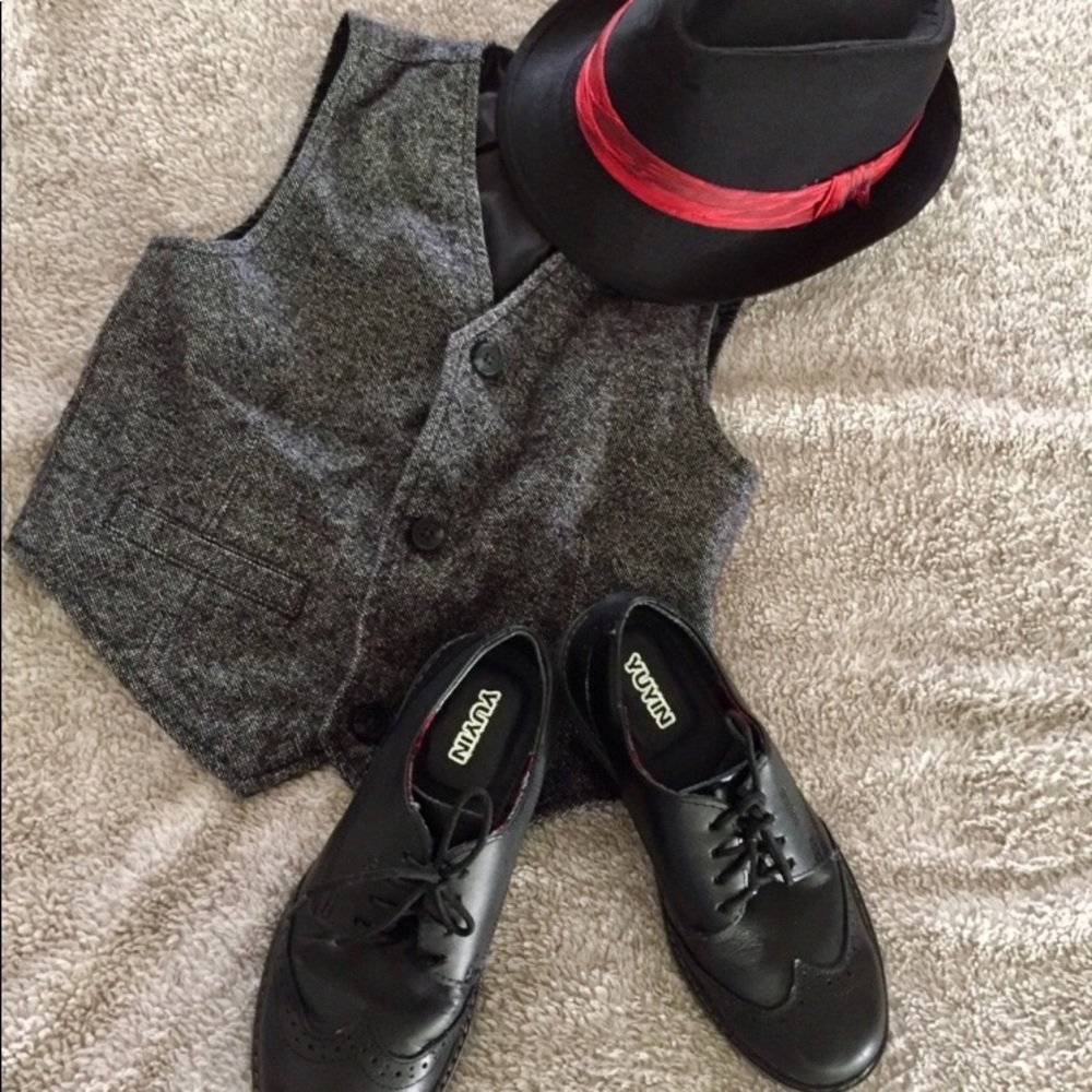 NWOT 5-6T Black Fedora Hat & EUC Tweed Vest